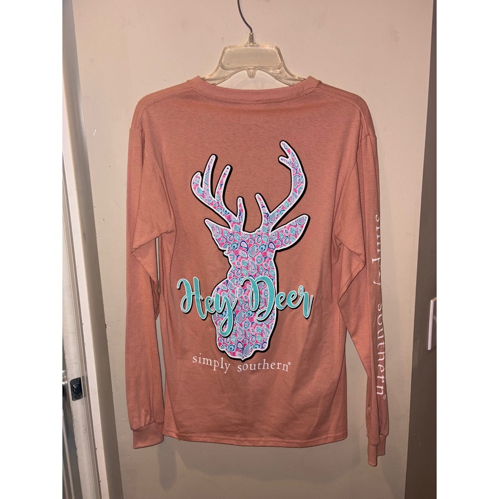 Simply Southern Hey Deer Long Sleeve Graphic Tee Coral Peach size Small NWT $45
